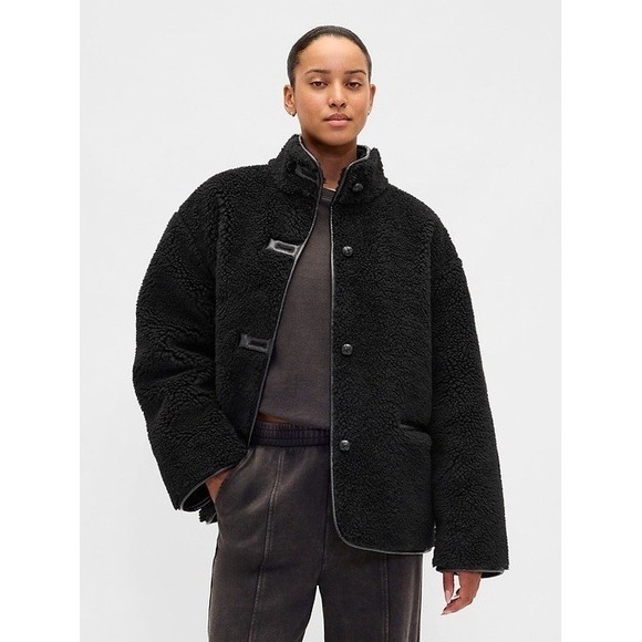GAP Jackets & Blazers - GAP Recycled Sherpa Vegan Leather Trim Jacket Womens L Black Cozy Coat